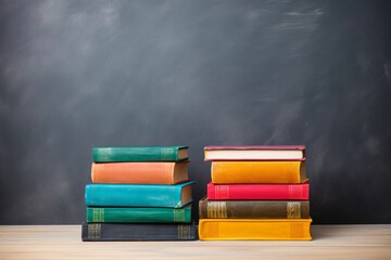 Wall Mural - books, each with a stack of brightly colored covers against a blackboard wall