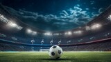 Fototapeta Sport - AI generated  large stadium illuminated by floodlights and soccer ball on the ground