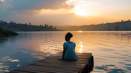 Poster - Peaceful lifestyle shot of woman sitting on dock at sunset on Lake Bunyonyi, Uganda, Africa. : Generative AI