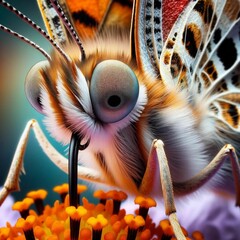 Wall Mural - An AI illustration of a close up shot of a small colorful butterfly eating nectar