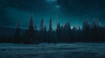 Leinwandbilder - Blue dark night sky with many stars above field of trees. Yellowstone park. Milkyway cosmos background : Generative AI