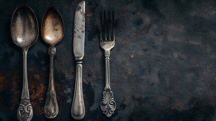 Poster - Rustic vintage set of cutlery knife, spoon, fork. Black background. Top view : Generative AI