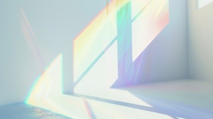 Poster - Blurred rainbow light refraction texture overlay effect for photo and mockups. Organic drop diagonal holographic flare on a white wall. Shadows for natural light effects : Generative AI