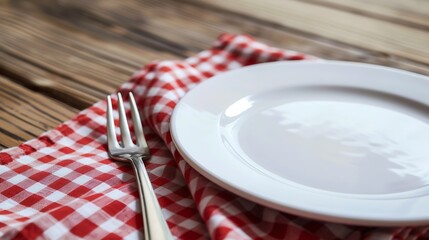 Poster - white plate and fork on old wooden table with red checked tablecloth and copyspace : Generative AI