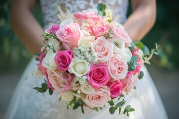 Wall Mural - The bride in a white wedding dress holds a wedding bouquet. The bouquet consists of white, pink, purple roses, eucalyptus leaves, and pink berries