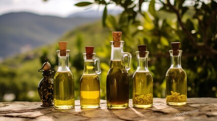 Wall Mural - bottles of olive oil on wooden table with blur background