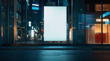 Wall Mural - Front view on blank light wall background in empty shop window with place for your product presentation behind glass walls with night city reflection in modern building outdoors. : Generative AI