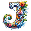 The Letter J comes in a Songkran clip art theme on a white background.