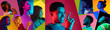 Leinwandbild Motiv Collage made of close-up portrait of young people of different age, gender and nationality, smiling against multicolored background in neon light. Happiness. Concept of human emotions, youth