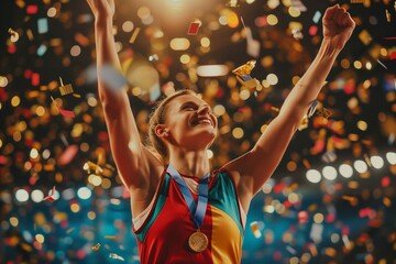 A happy female athlete with a gold medal stands at the stadium, a well-deserved victory and recognition of joyful fans, an Olympic champion