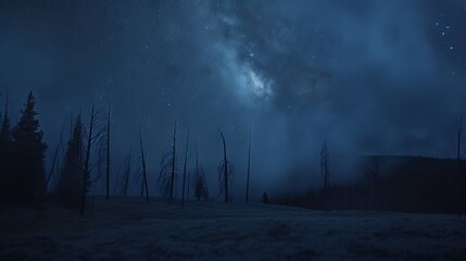 Leinwandbilder - Blue dark night sky with many stars above field of trees. Yellowstone park. Milkyway cosmos background : Generative AI