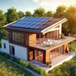 Modern house with solar panels installed atop the roof. AI-generated.