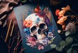 Watercolor Skull and Flowers Halloween Illustration. Generative AI