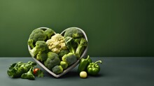 AI generated heart shape filled with a variety of freshly vegetables and copyspace
