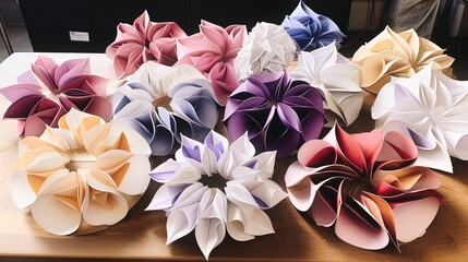 Wall Mural - AI-generated illustration of array of origami flowers neatly arranged on a wooden table