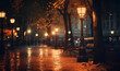 Romantic street at night with street lamps in late autumn, vintage style, generated by ai