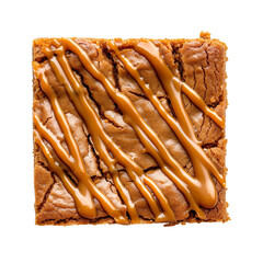 Wall Mural -  top view of a butterscotch blondie with a caramel drizzle, placed on the white floor in food photography style isolated on a white background