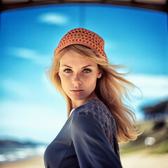 Wall Mural - woman in blue jacket posing for a photo at beach with waves