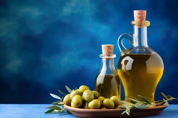 olive oil bottle with green olives background with copy space