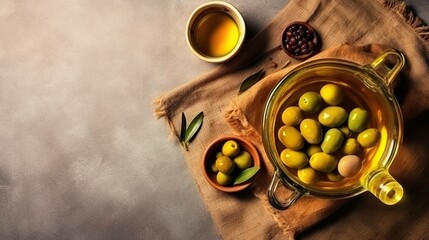 Wall Mural - olive oil bottle with green olives background with copy space