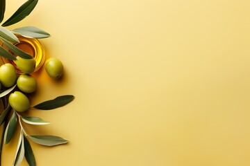 Wall Mural - olive oil bottle with green olives background with copy space