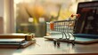 Small shopping cart filled with parcel boxes symbolizing ease and convenience of online shopping beside laptop on table within home represents connection between digital commerce and physical delivery
