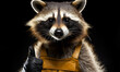 Amusing raccoon giving a thumbs up gesture with a humorous expression, isolated on a black background, embodying positive reinforcement and approval