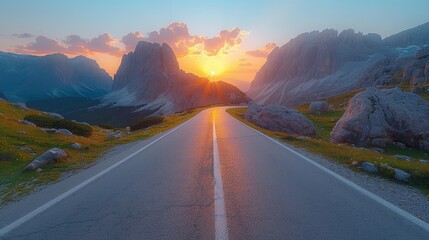 Poster - An empty mountain pass in spring with an empty highway and a colorful sunset on the mountain side. Dolomites, Italy. Beautiful curved roadway, rocks, stones, blue sky with clouds.