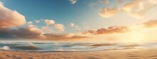 Empty Tropical Beach And Seascape Pastel Peach Fuzz And Gold Sunset Sky, Soft Sand, Tranquility, Calm Relaxing Sunshine, Summer Moode