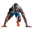 Athlete Sprinter Leaving Starting Blocks on Running Track isolated on white and transparent background. Ideal for use in advertising. Generative ai