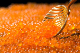 Fototapeta  - Red Caviar in a spoon. Caviar background. Fish roe, Close-up salmon or trout caviar. Delicatessen. Gourmet food. Texture of caviar. Seafood. 