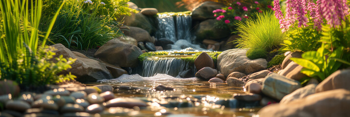 Small garden waterfall surrounded with flowers on summer evening. Garden landscape design concept.