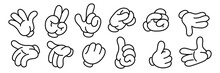 A Set Of Retro Gloved Hands. A Fashionable Set Of Stylish Cartoon Hands Showing Various Gestures. Toy Gloved Hands Two Fingers, Three Fingers, Thumbs Up, Cool. Funny Pointers Or Icons