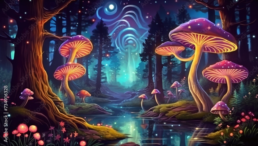 Artistic illustration of a magical forest at night, where glowing ...