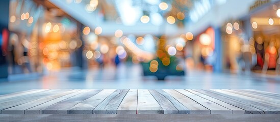 Wall Mural - empty wooden table poised as perfect stage for showcasing products background is blur of bustling co