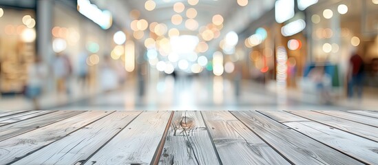 Wall Mural - empty wooden table poised as perfect stage for showcasing products background is blur of bustling co