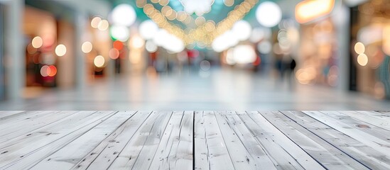 Wall Mural - empty wooden table poised as perfect stage for showcasing products background is blur of bustling co