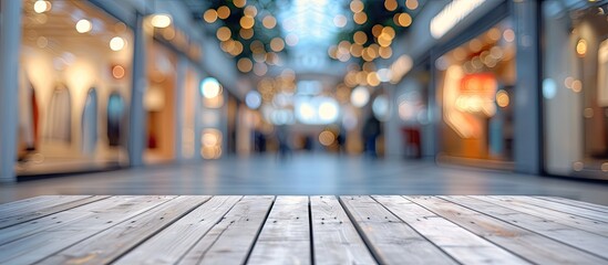 Wall Mural - empty wooden table poised as perfect stage for showcasing products background is blur of bustling co