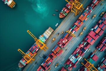 Aerial view of a bustling shipping port in the sea with containers and ships import export overseas worldwide, marine insurance global business cargo freight commercial trade logistic transportation