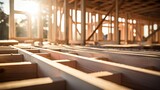 Fototapeta Uliczki - House construction framing, detailed wood textures, shallow depth of field focusing on the wooden framework,
