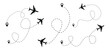 © Rizal - Dotted airplane cartoon illustration set. Path or way of plane, aircraft of jet in shape of heart, line or circles with destination point or location mark. Travel, distance, route concept