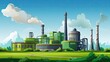 Illustration of an industrial plant with a chimney and pipelines situated on a green grassy field