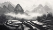 mountains and rice fields, Chinese Ink wash painting