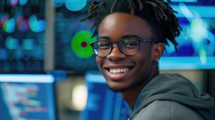 Wall Mural - Black male cybersecurity analyst smiling at camera, with security monitors in the background. Generative AI.