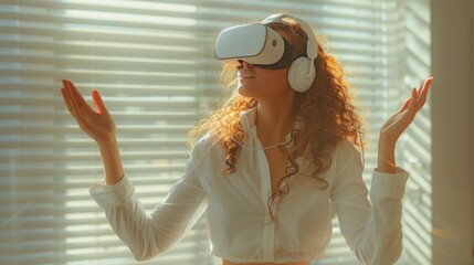 Poster - In this VR experience, a beautiful woman touches the air on a white background.