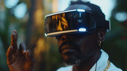 Aufkleber - Afro-American man in a virtual reality headset playing video games, trying to touch something with his hand