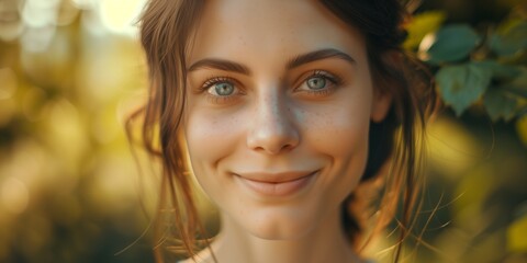 Wall Mural - Closeup Of Young Womans Smiling Face With Healthy Skin And Natural Makeup