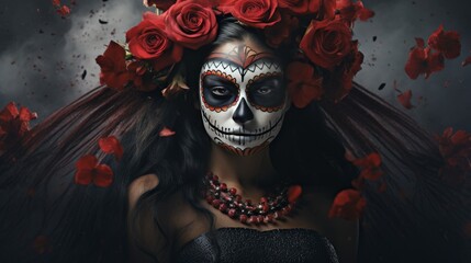 Woman With Skeleton Makeup and Flowers in Her Hair