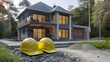 Plans for a house designed by a man wearing two yellow helmets. 3D Rendering