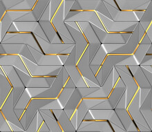 3d Grey Wall Tiles With Gold Metal Decor With Shaded Geometric Modules With High Quality Seamless Texture